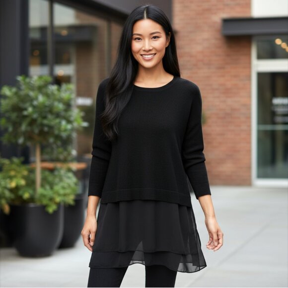 Eileen Fisher Black Cashmere and Silk Layered Tunic Sweater Size Medium - Picture 1 of 6